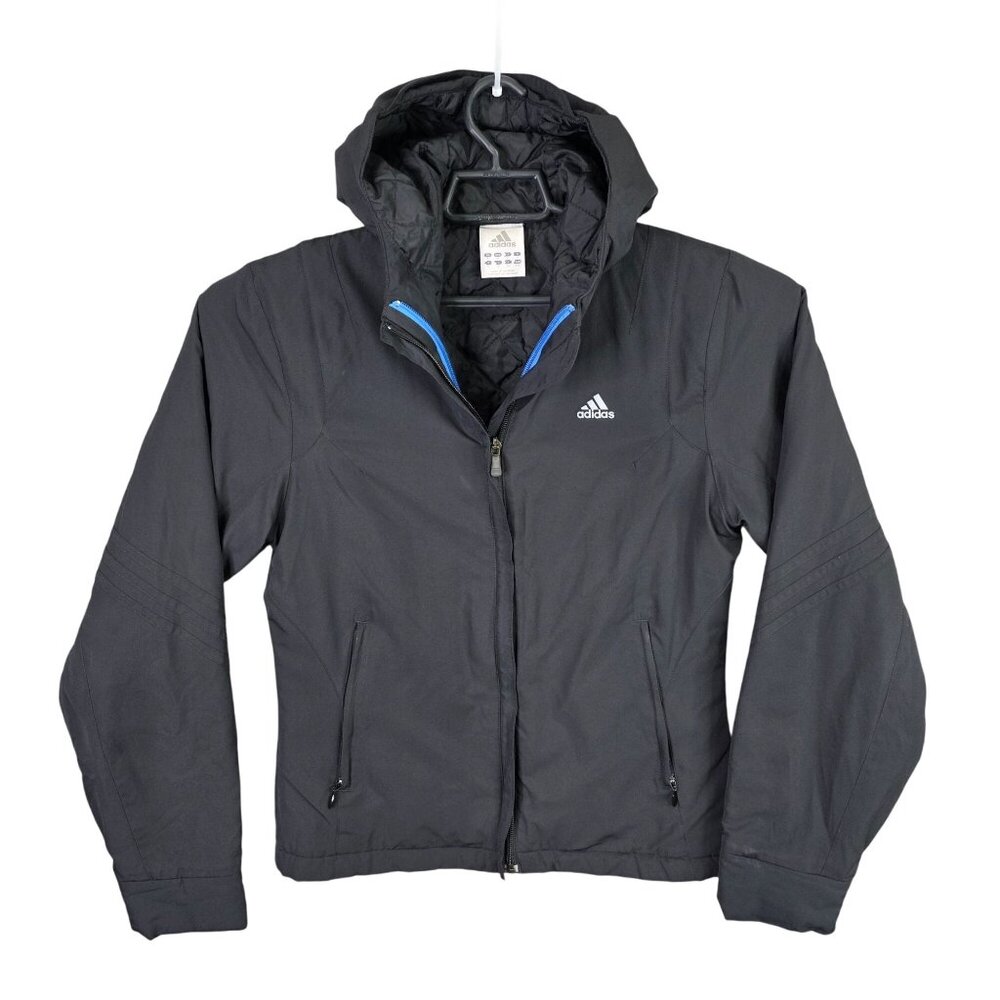 Womens Adidas Black Full Zip Jacket Removable Hood Zip Pockets Polyester Size S
